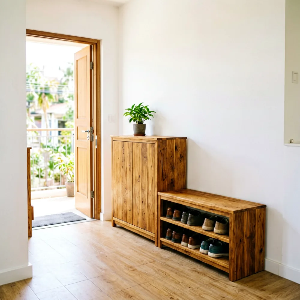 Solid rubberwood HDB entryway cabinet and bench in warm timber against white corridor walls