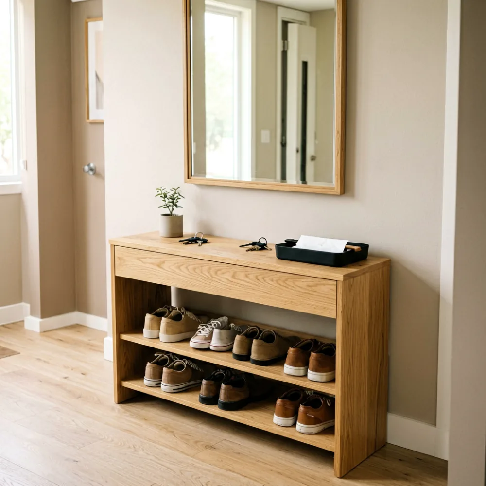 Narrow console table with open shoe storage and wall-mounted mirror in condo entryway