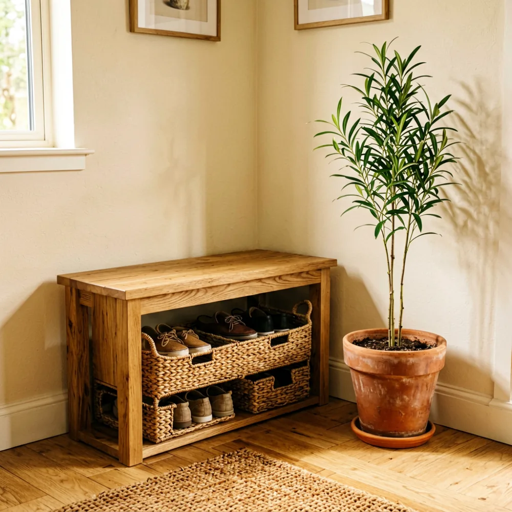 Scandinavian-style entryway corner with solid wood bench and woven basket storage